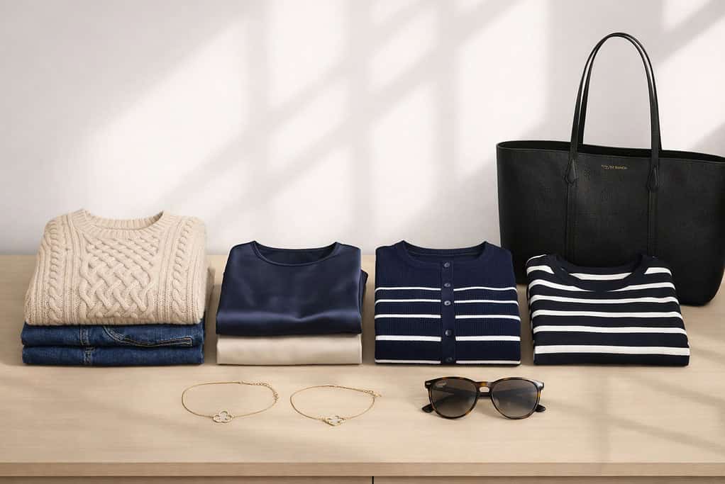 Neutral and navy capsule wardrobe items with accessories on wooden surface under natural light.