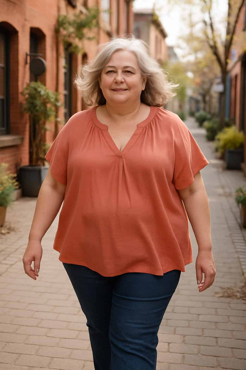 Older overweight woman in a loose coral blouse and dark jeans walking outdoors, showing how overly baggy tops can add bulk and should be avoided for a more flattering look.