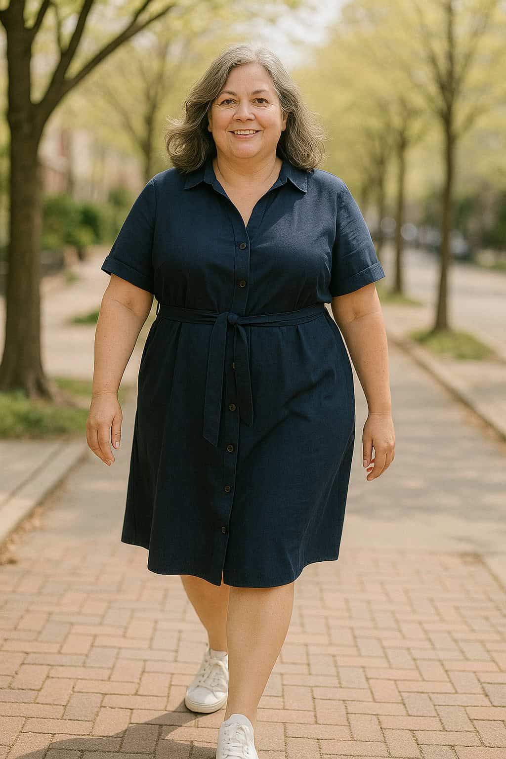 Older overweight woman walking confidently in a belted navy dress, embracing her shape with a flattering fit that highlights self-assurance and style.