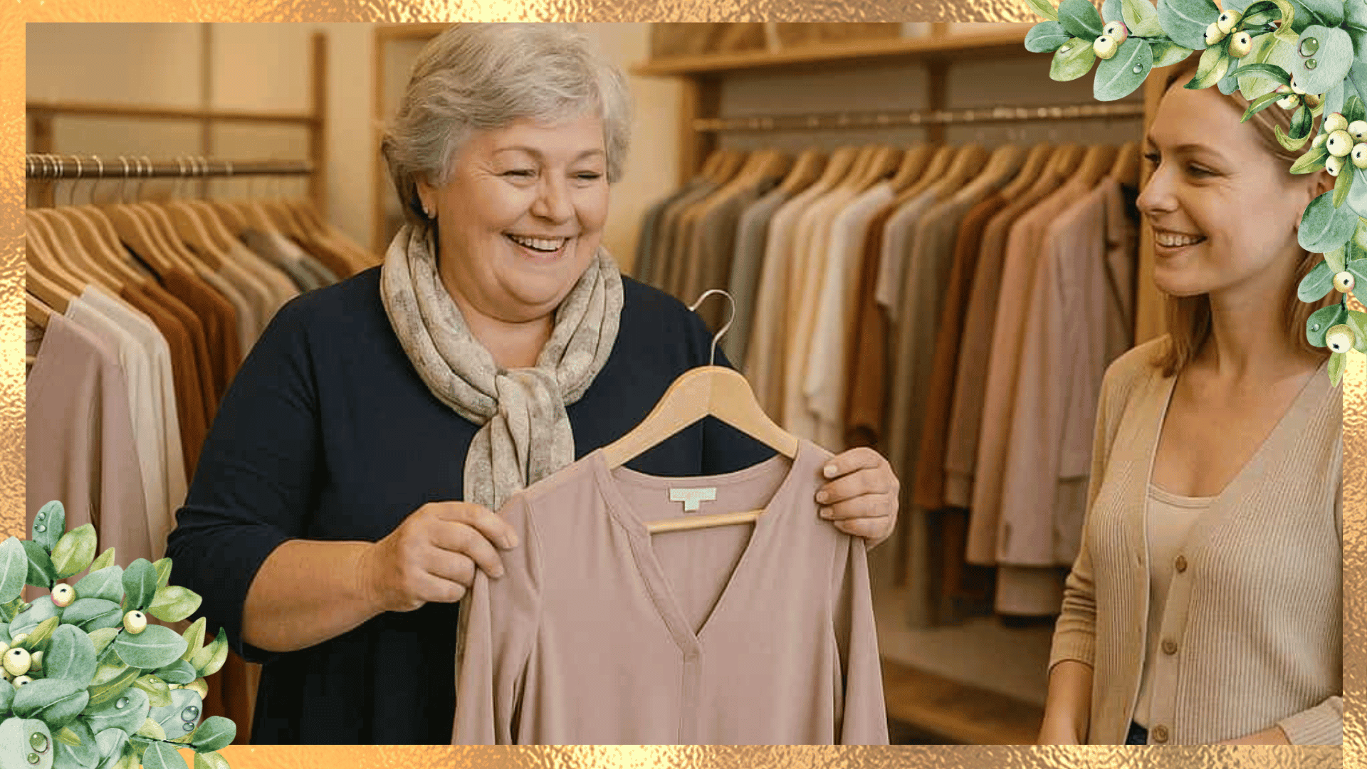 Older woman joyfully choosing a flattering blush blouse in a clothing store, showcasing stylish and confidence-boosting fashion choices for women over 60 and plus-size.