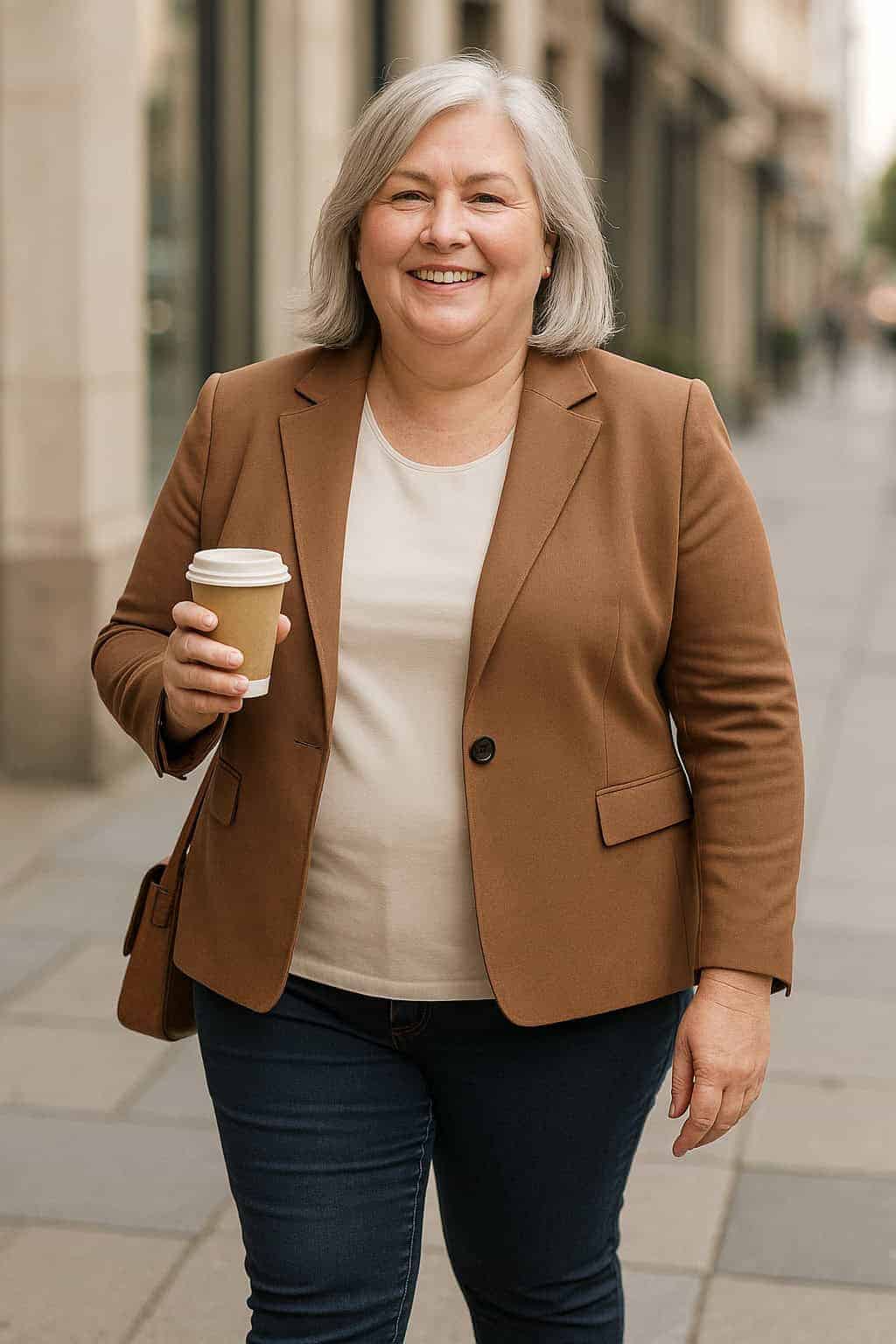 Smiling older overweight woman in a brown blazer and dark jeans holding a coffee cup, showing how dark matte colors create a slimming effect.