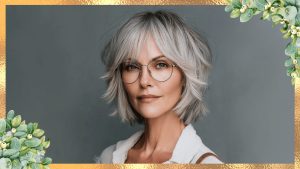 Elegant layered bob with bangs for women over 50, featuring natural gray hair styled with volume and chic sophistication.