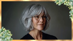 Confident older woman with stylish gray bob haircut and round eyeglasses, smiling slightly against a neutral background.