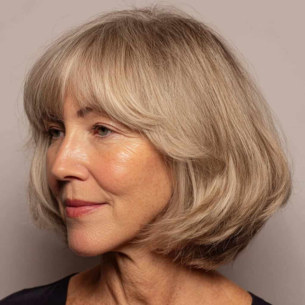 “Inverted bob haircut with wispy curtain bangs for older women, soft layered short style.