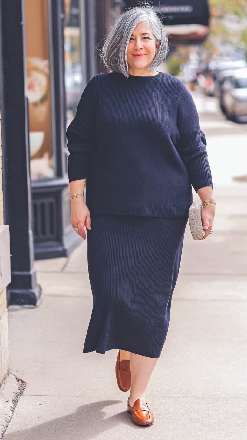 A lady wearing a navy blue long sleeves and skirt walking in a sidewalk.