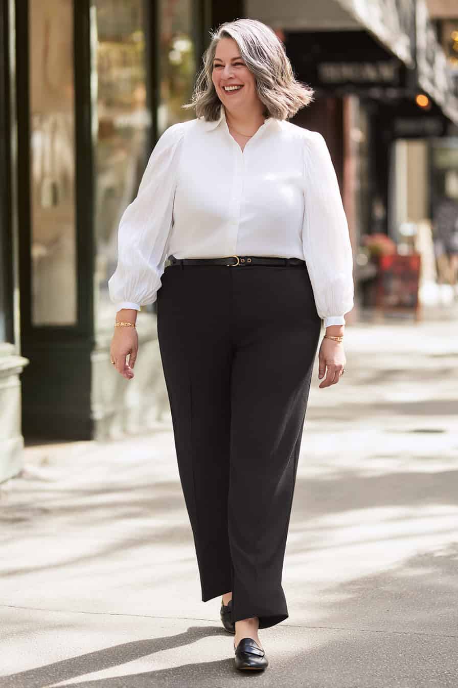 A lady wearing a white long sleeves and black pants walking on a city sidewalk. A lady wearing a white long sleeves and black pants walking on a city sidewalk.