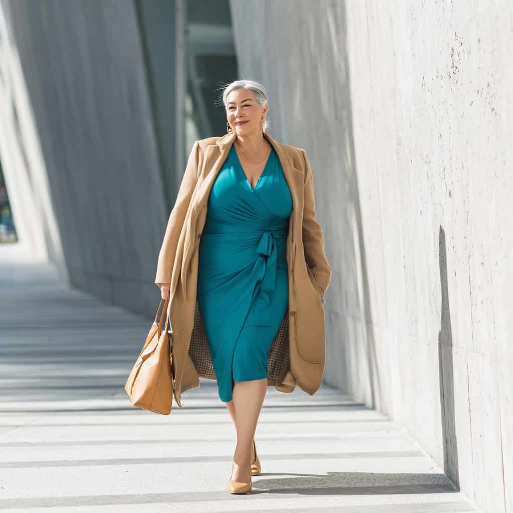 A woman wearing a teal wrap dress with camel coat. A woman wearing a teal wrap dress with camel coat.