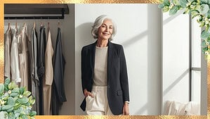Stylish older woman in capsule wardrobe essentials, wearing a navy blazer, neutral top, cream trousers, and black loafers in a minimalist closet setting
