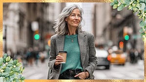 Stylish older woman in a city wearing a teal sweater and herringbone blazer, holding coffee, 2026 fashion trend overlay.