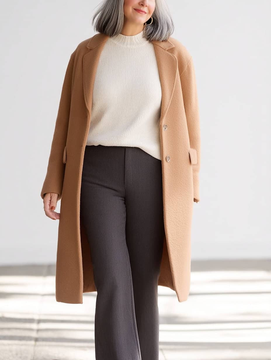 Woman wearing camel coat over cream sweater. Woman wearing camel coat over ivory sweater.