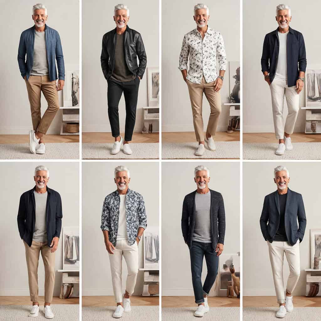 Mature man modeling eight mix-and-match capsule wardrobe outfits, including casual and smart-casual combinations with jackets, chinos, jeans, patterned shirts, and white sneakers in a neutral-toned setting.