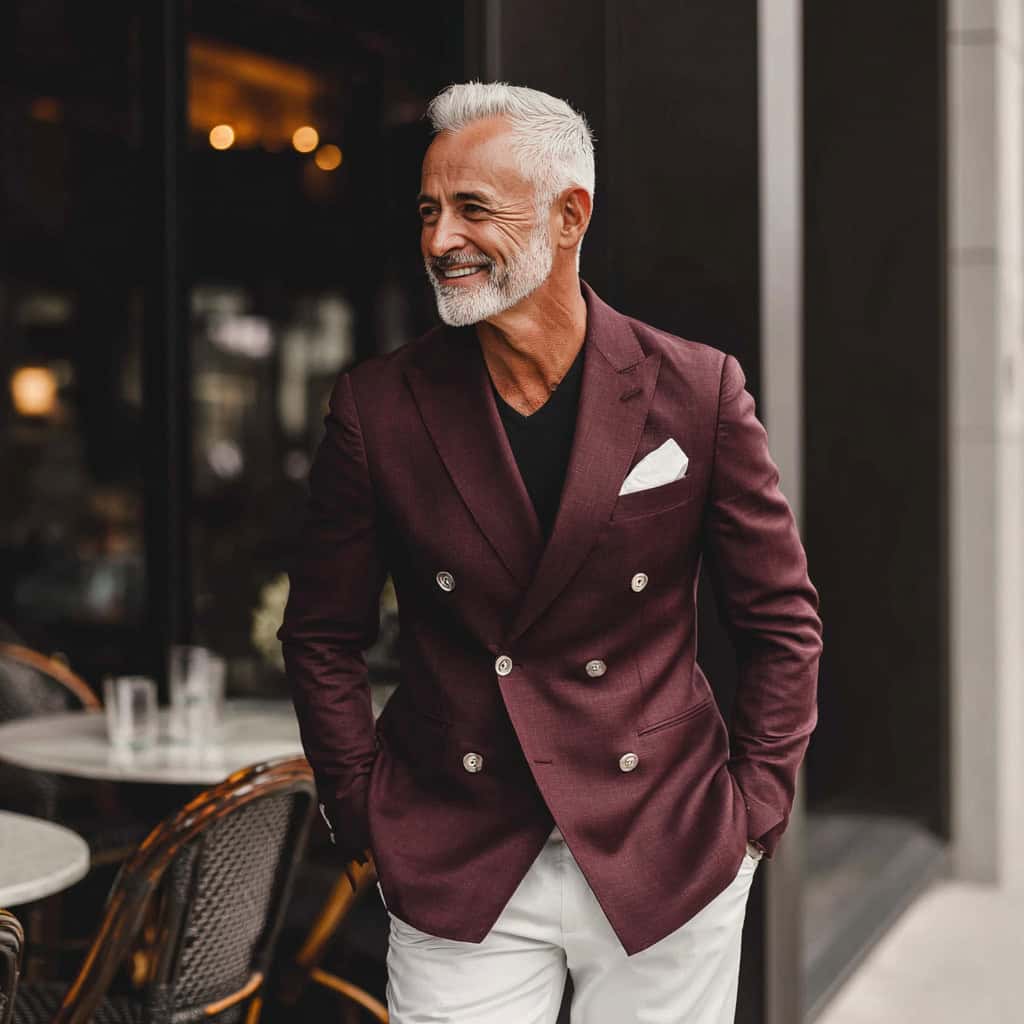 Stylish mature man wearing a burgundy double-breasted blazer with a white pocket square, black V-neck shirt, and white trousers, smiling confidently at an outdoor café setting