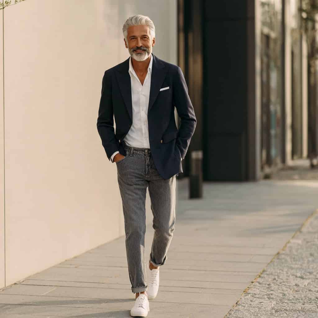 Stylish mature man walking confidently outdoors in a navy blazer, white dress shirt, gray cuffed jeans, and white sneakers, combining classic tailoring with casual comfort.