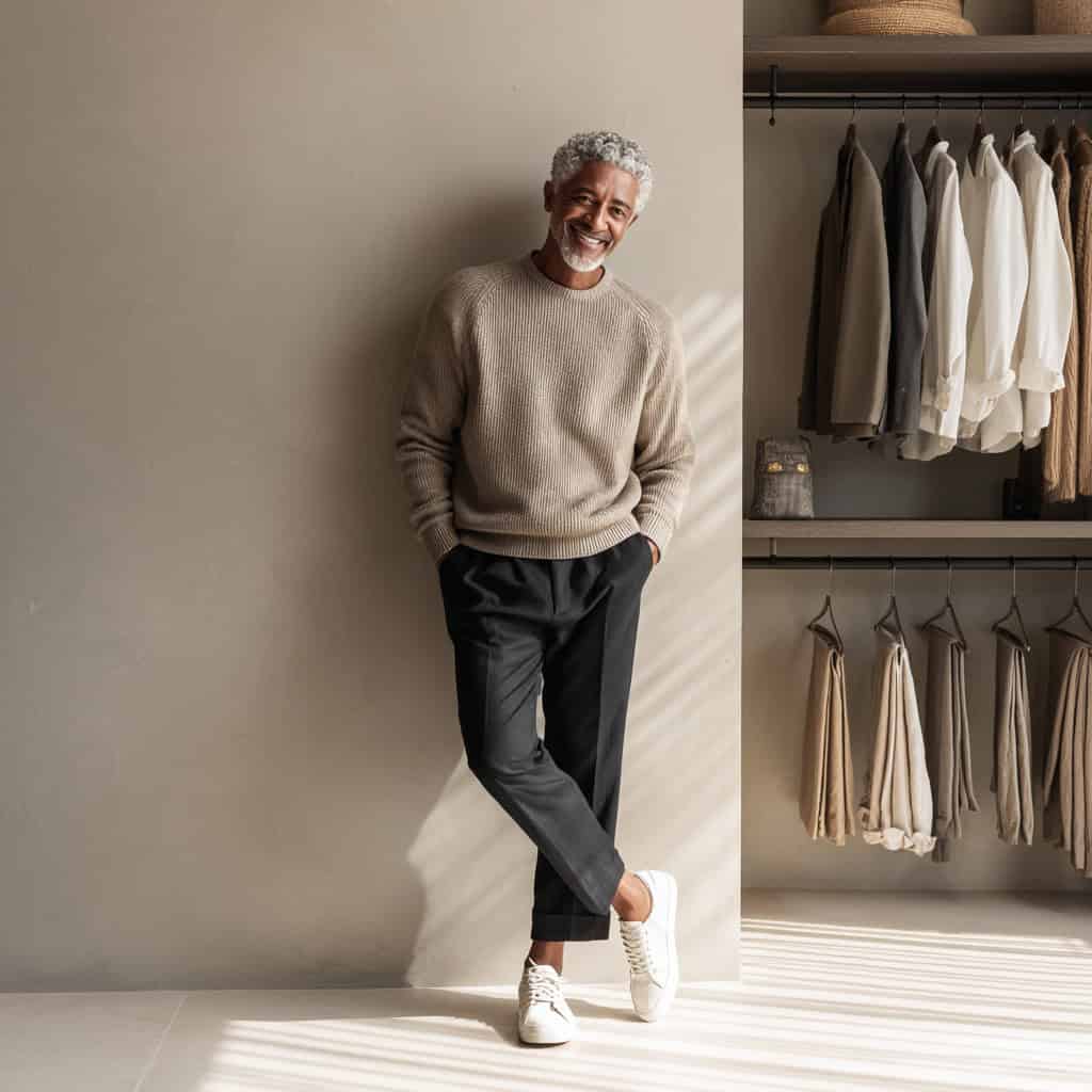 Mature man smiling in a neutral-toned capsule wardrobe setting, wearing a beige sweater, black trousers, and white sneakers, standing in a minimalist closet with neatly arranged timeless pieces.