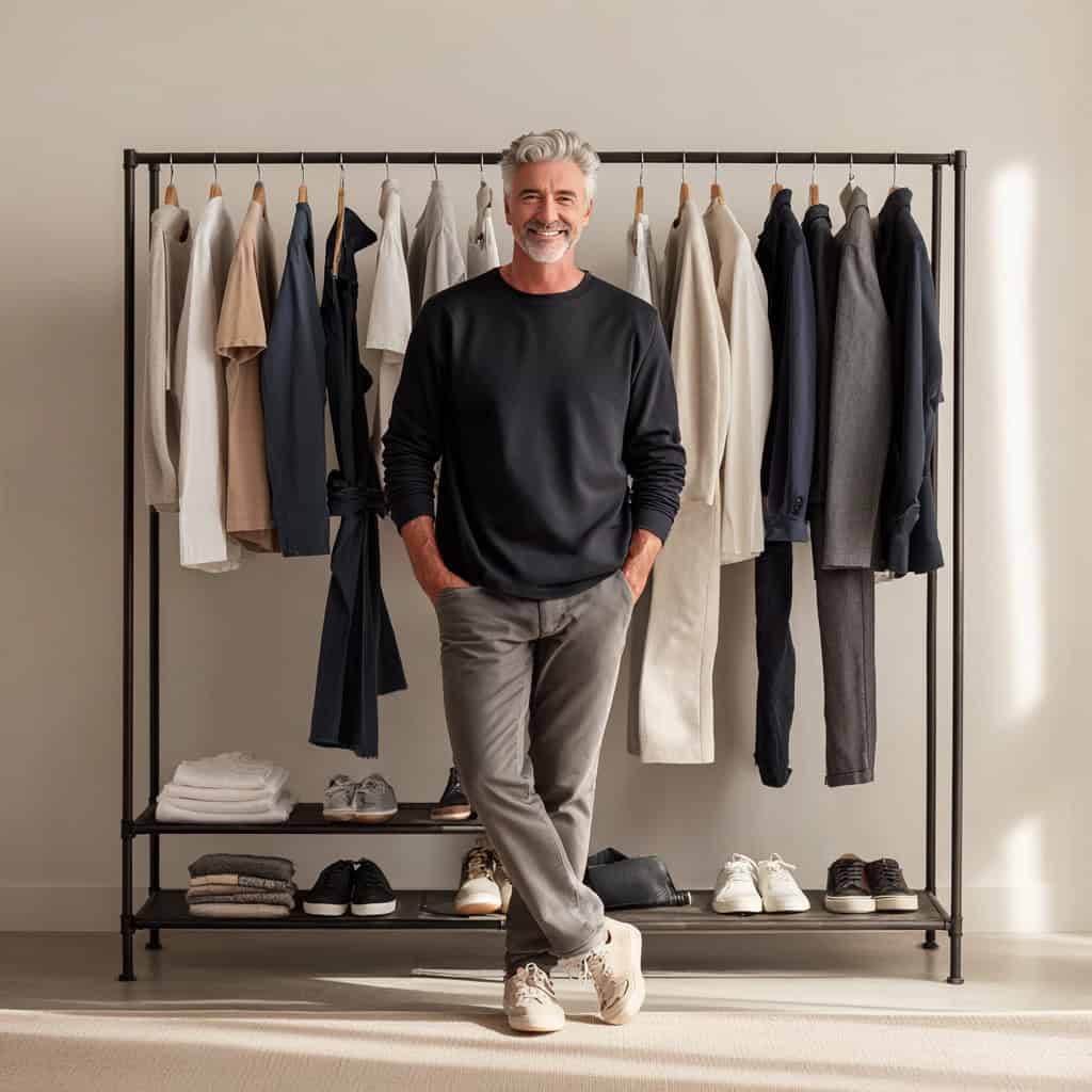 Mature man standing confidently in front of a minimalist men’s capsule wardrobe rack, wearing a black crewneck sweater, gray chinos, and sneakers, surrounded by neatly organized neutral-toned essentials.