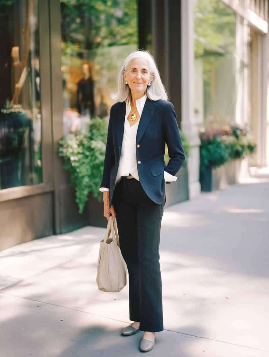 Elegant older woman in tailored navy blazer, white blouse, dark trousers, and flats walking confidently on city sidewalk with tote bag