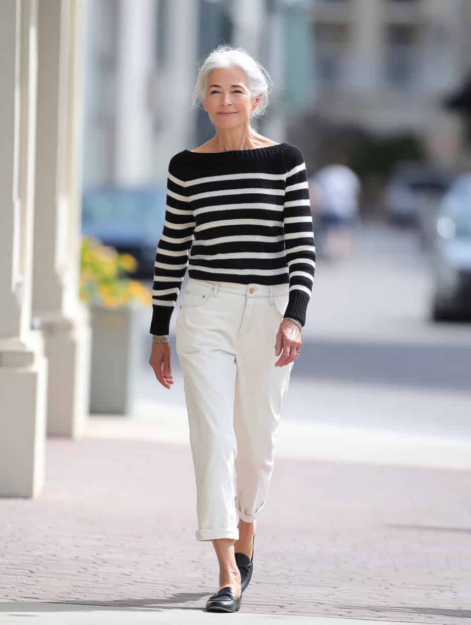 Stylish senior woman in striped sweater and white pants walking outdoors
