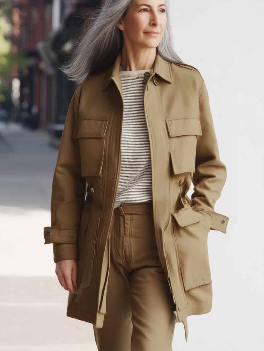 Confident older woman in khaki utility jacket and matching pants layered over a striped sweater, walking outdoors on a sunny day