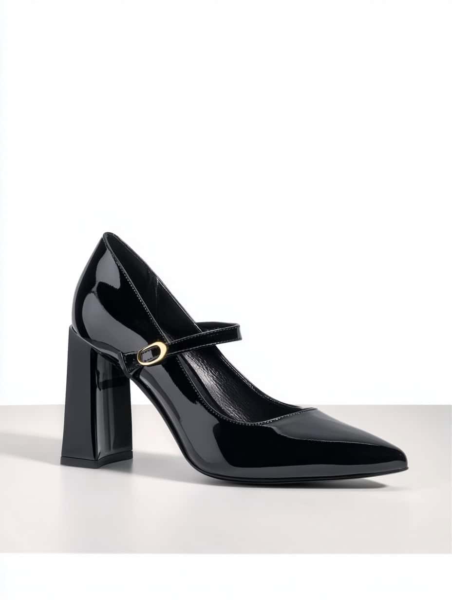 Glossy black patent leather Mary Jane pump with pointed toe, wide block heel, and gold buckle strap — chic and modern dress shoe for versatile styling with dresses, skirts, or trousers.