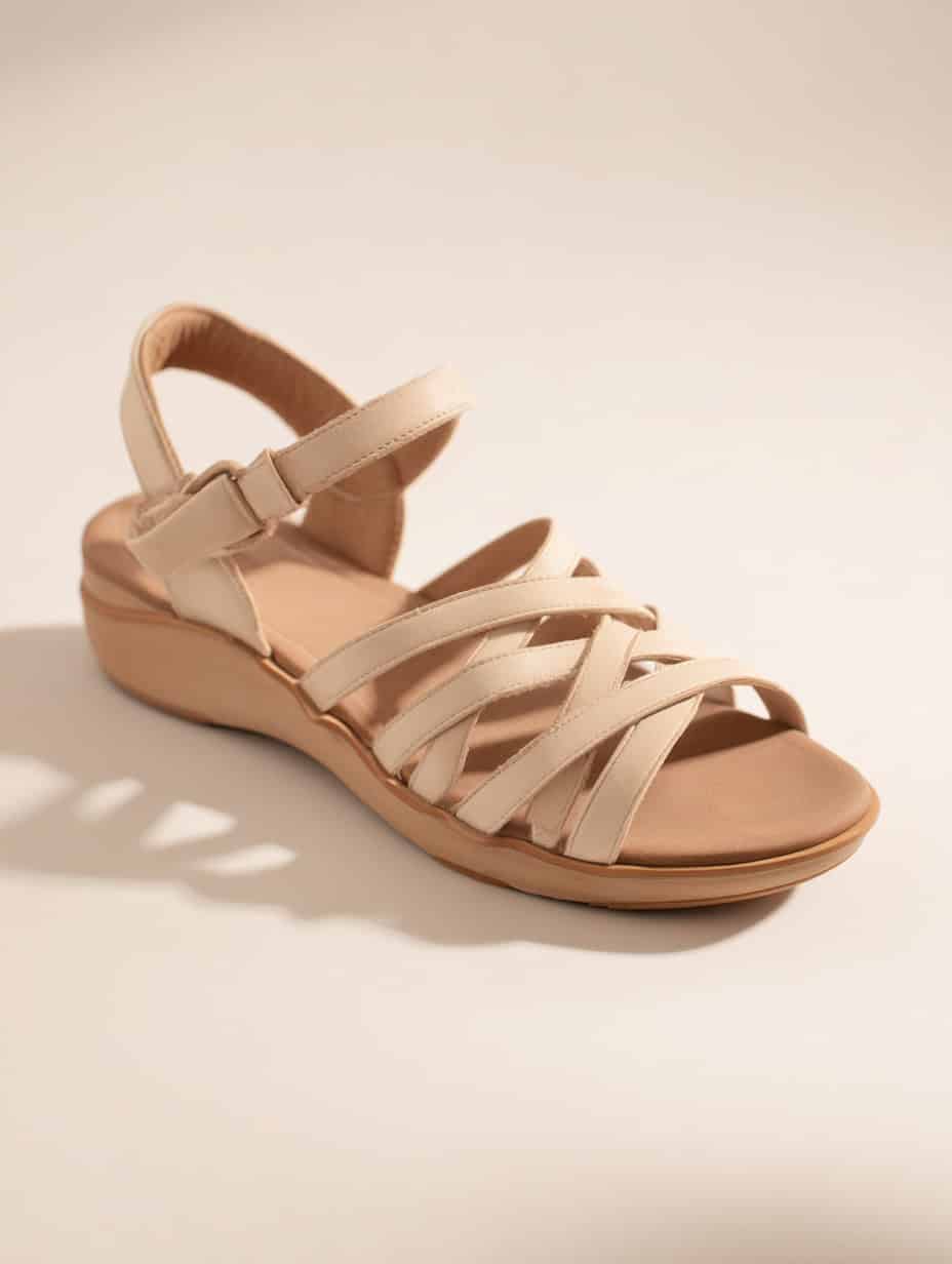 Beige comfort sandal with crisscross straps, cushioned footbed, low wedge sole, and adjustable ankle strap — supportive summer shoe ideal for casual outfits or travel days.