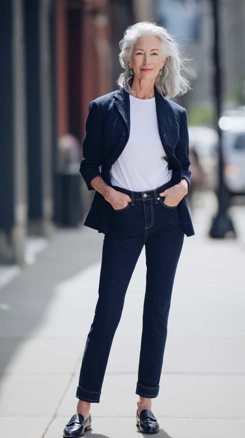 Older woman in dark jeans and blazer standing confidently on city street.