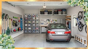 A clutter free organized garage with a car