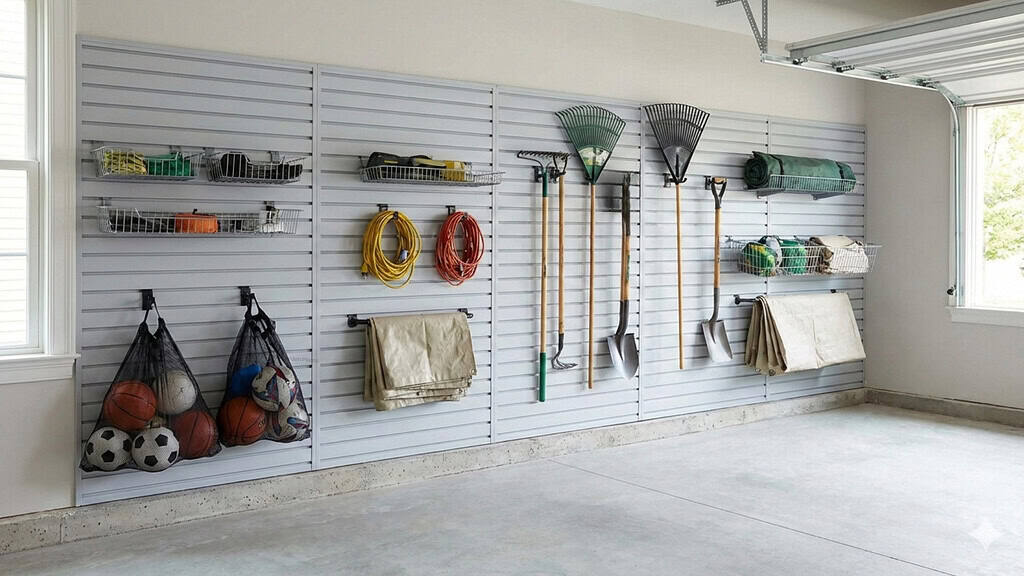 A garage with tools hooked in the wall