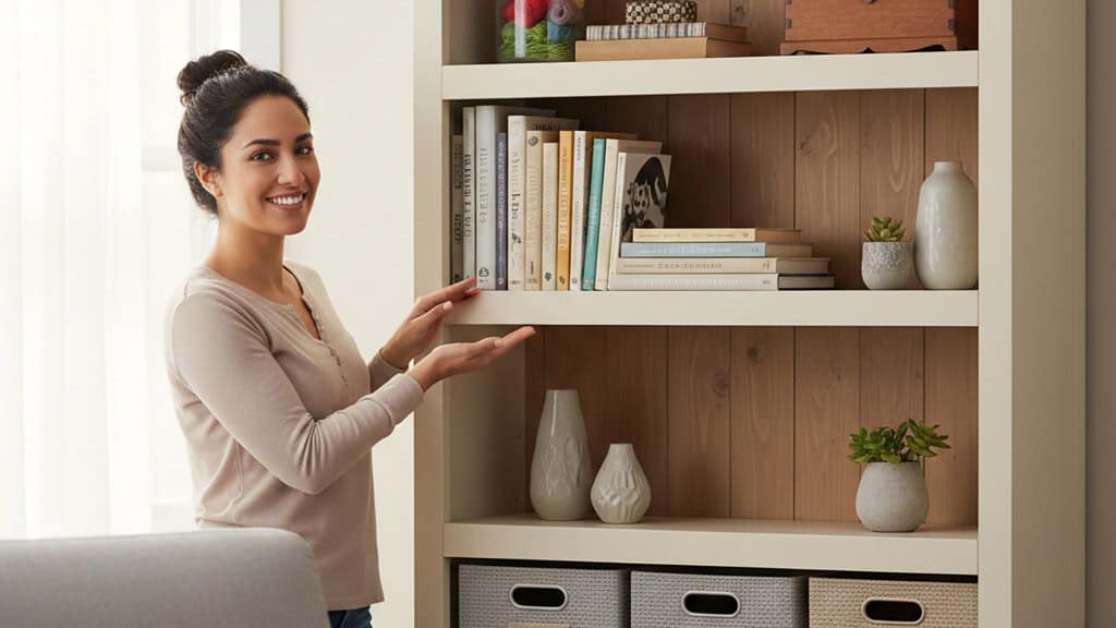 A woman showing off her organized cabinet