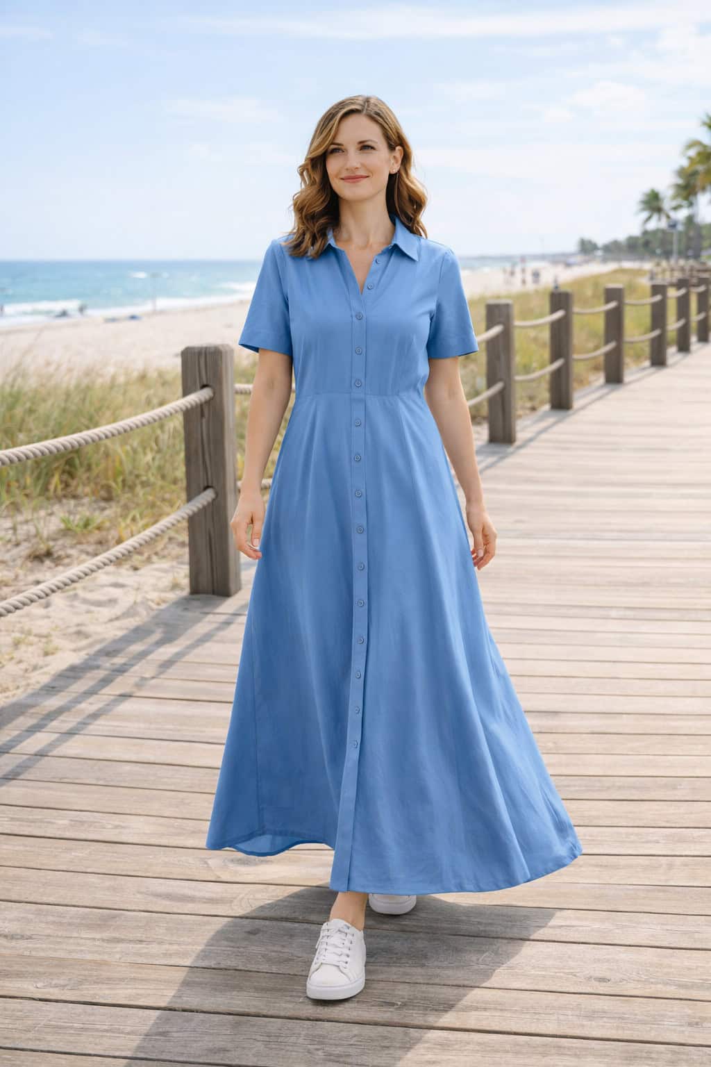 Woman in a blue maxi dress with sleeves walking on a sunny beach boardwalk.