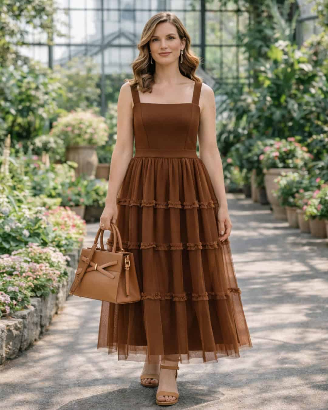 Woman in a brown tiered midi dress with tan heels and a structured handbag standing in a greenhouse garden.