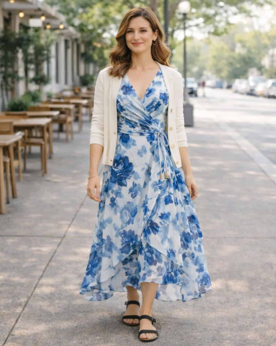 Woman in a blue floral wrap midi dress with a cream cardigan and black sandals walking on a sunny sidewalk.