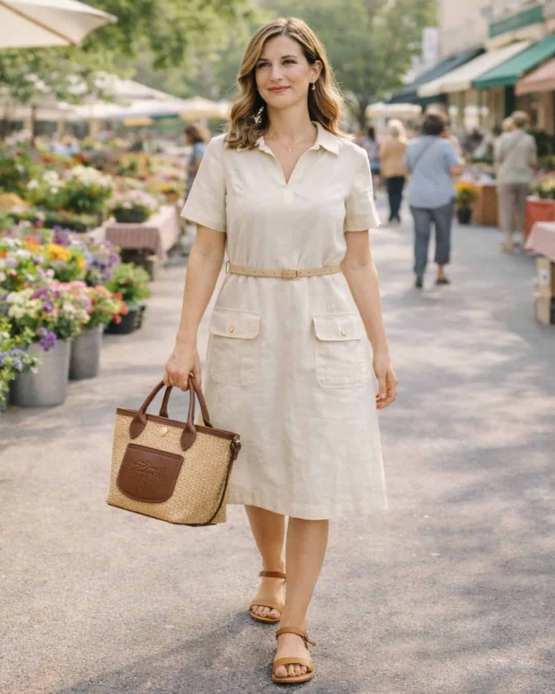 Woman in an off-white linen shift dress with a thin belt, straw tote, and tan flat sandals walking through a flower-filled farmers market.