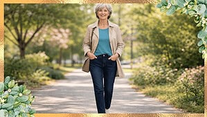 Stylish woman in her 70s walking in a spring park wearing a light trench, teal top, jeans, and sneakers.
