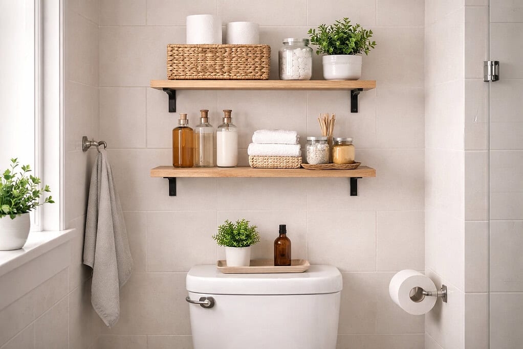 Above the toilet shelves with bathroom essentials