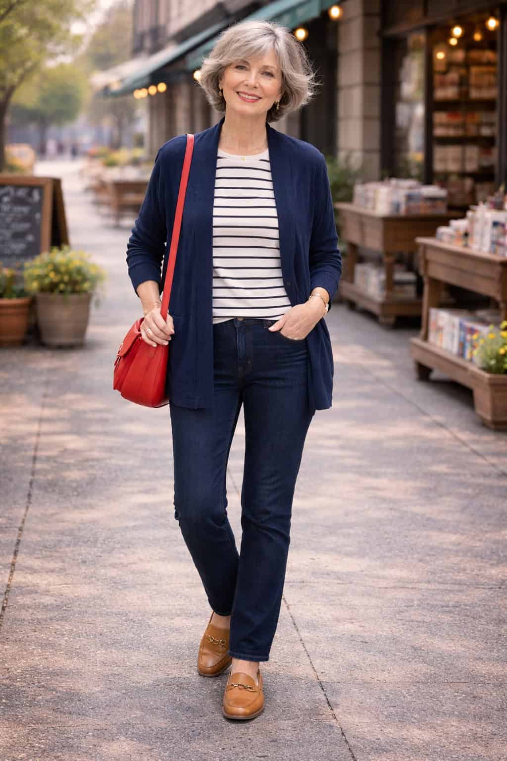 Alt text Woman in her 70s in a navy cardigan, striped top, dark jeans, tan loafers, and a red bag.