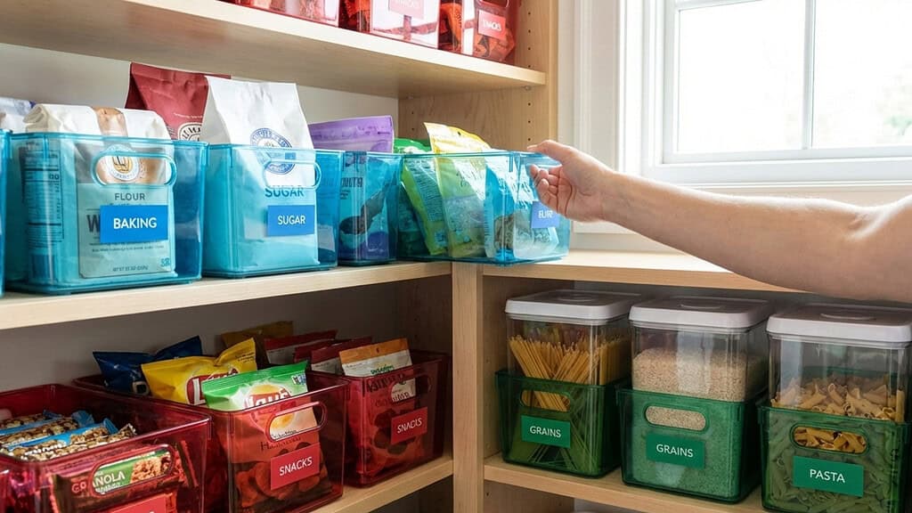 An organized pantry with color coded storage bins 