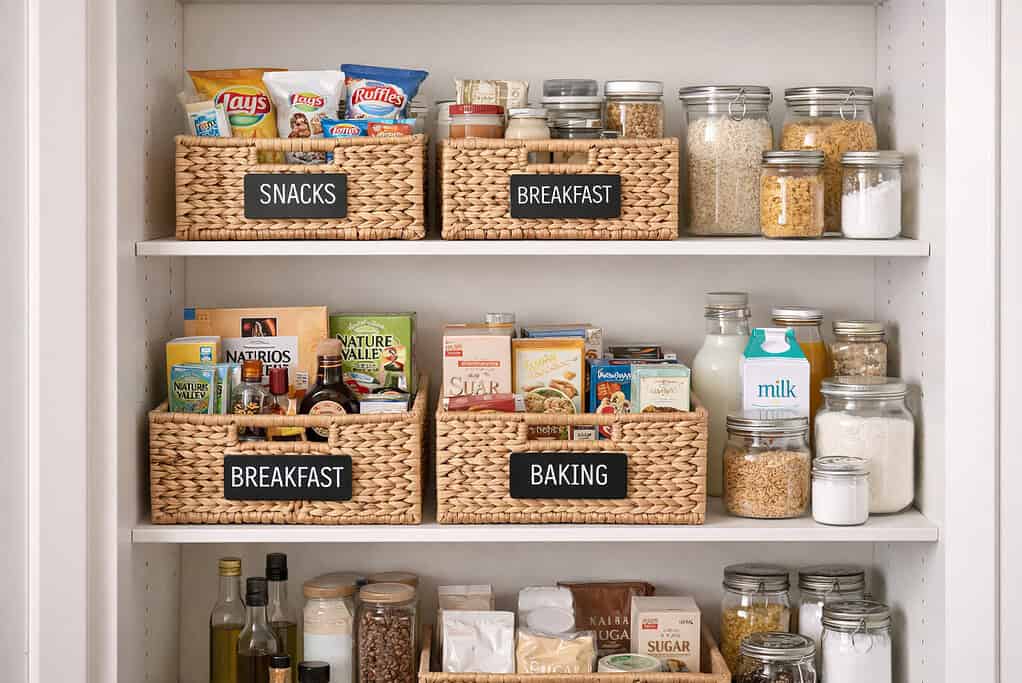 An organized pantry with labeled baskets