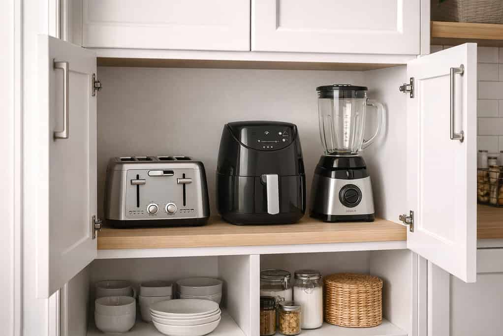 Appliances organize in a kitchen cabinet