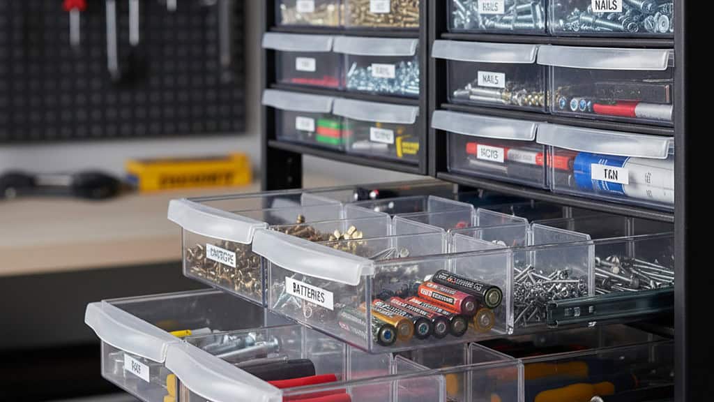 Batteries, screws and other small items stored neatly