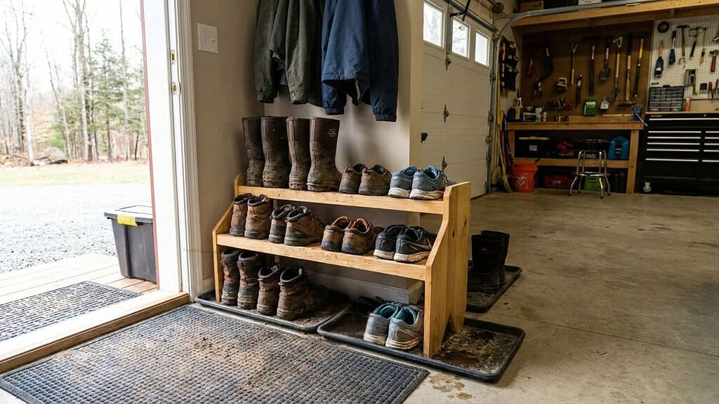 Bunch of shoes organized in a shoe rack in front of a garage