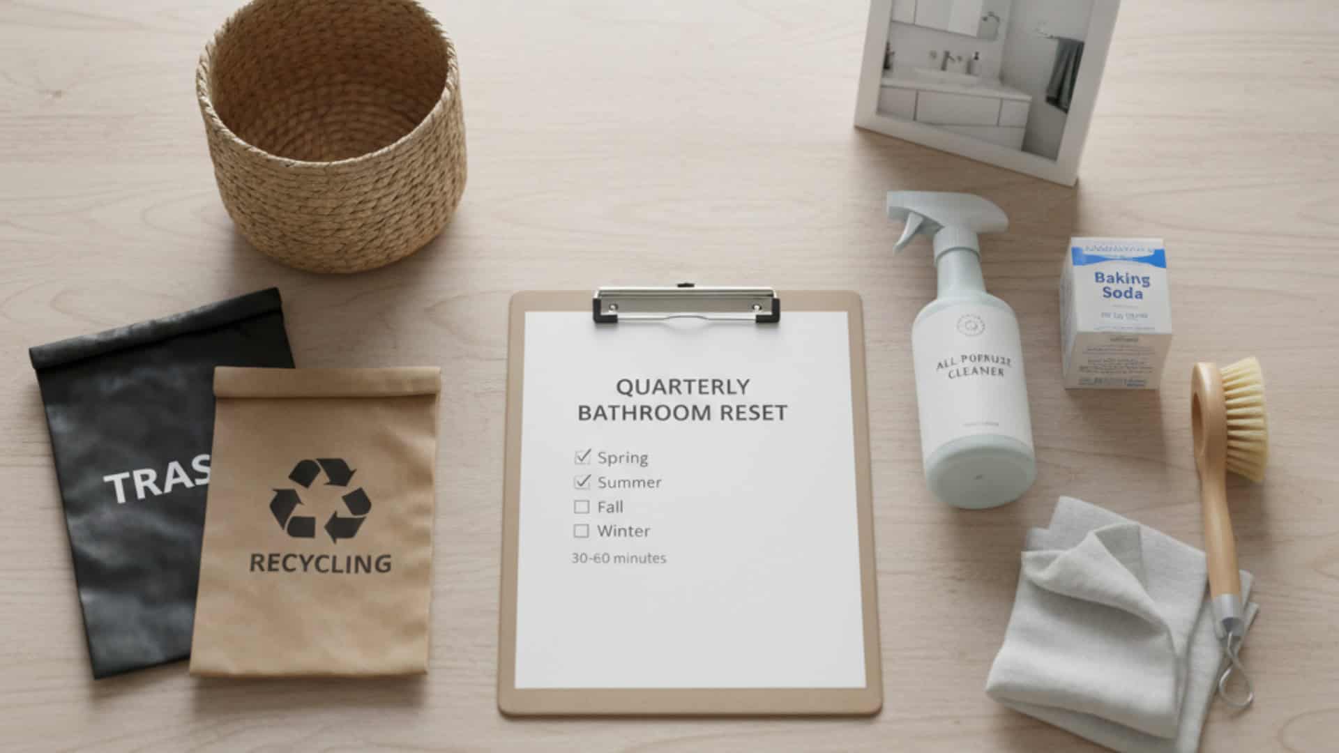 Cleaning materials on top of a wooden table