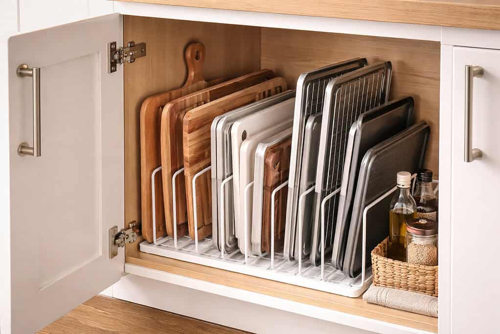 Cutting boards and sheet pans stored vertically in a cabinet
