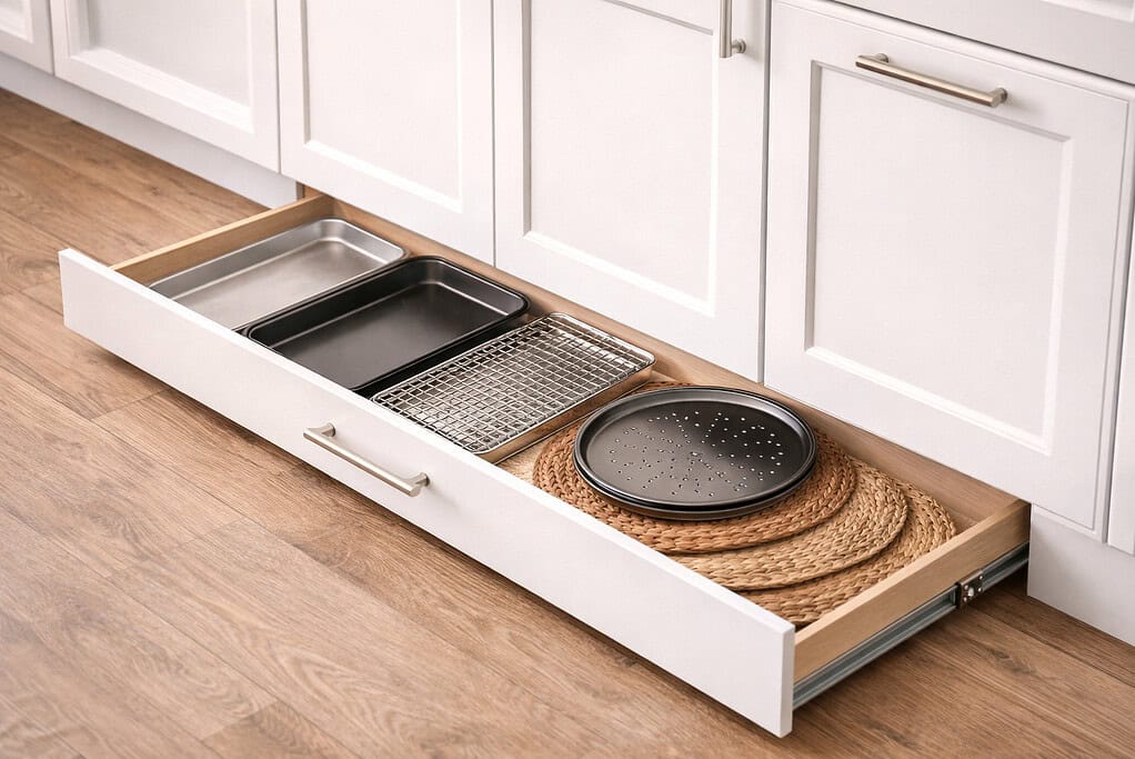 Flat kichen items organize in a toe kick drawer