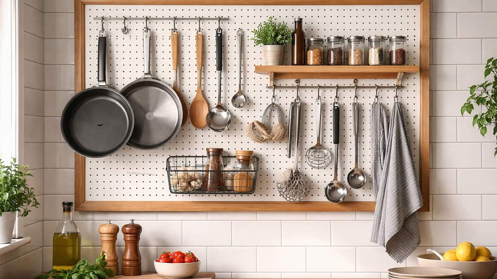 Kitchen tools stored vertically through a pegboard