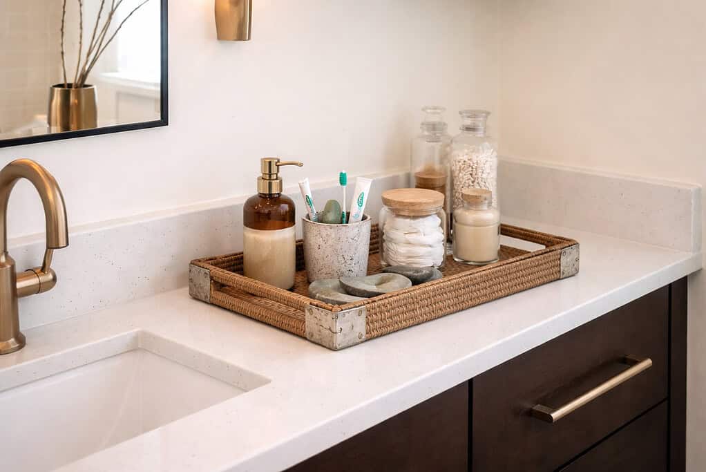 Neatly arranged bathroom essentials on a tray