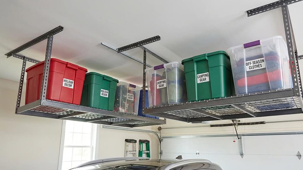 Overhead storage filled with boxes at a garage