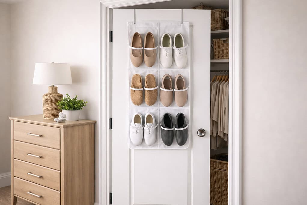 Shoes stored neatly in a over the door shoe organizer