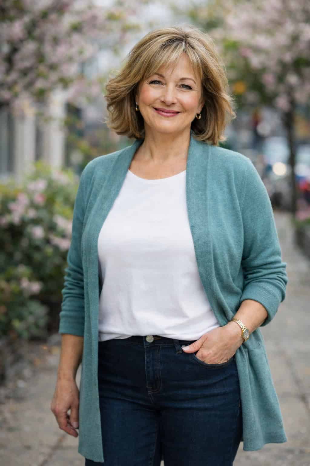 Smiling woman in a teal cardigan and jeans standing on a spring sidewalk with blurred cherry blossoms behind her.