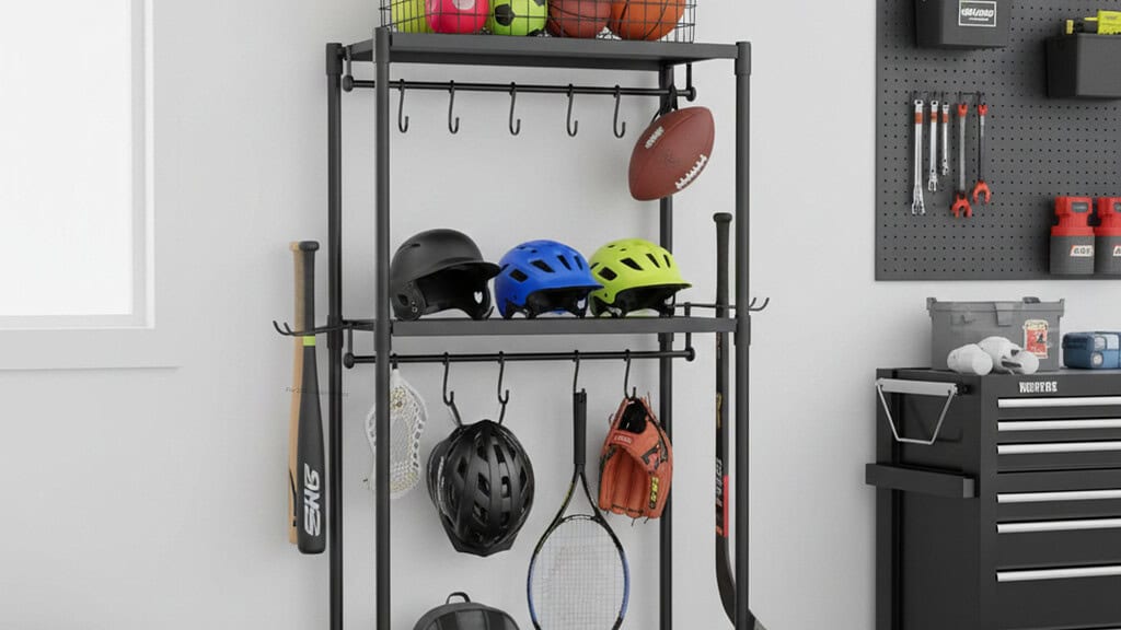 Sport gear organized in a vertical storage