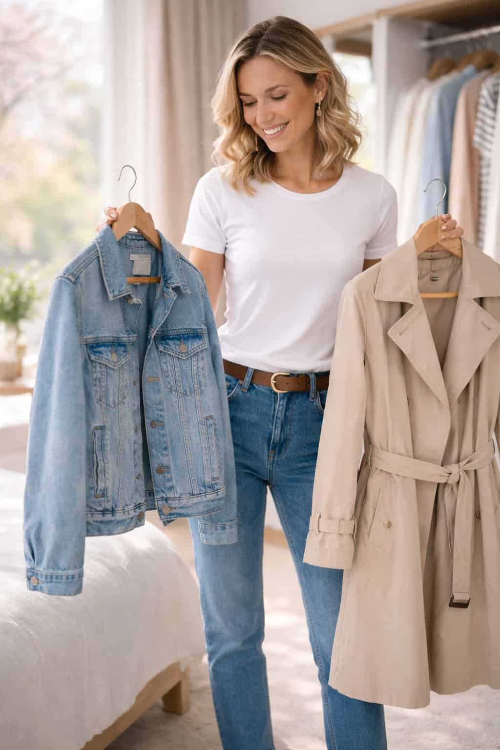 Woman choosing between a denim jacket and a beige trench coat in a bright bedroom closet.